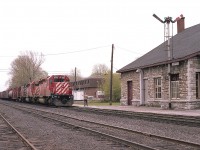 The station agent has the orders hooped as the westbound CP slows down; apparently there was work in town. This scene has vanished into the history books, as the station was demolished the following year, the very last train ran thru here in 2009 and the track was removed by late 2011.  Thus the Ottawa Valley line became another part of railroadings dark past. In this view we see CP 6015, 5982 and 4244. Such the beautiful station at Renfrew. Sadly, the demolition of similar stations at Alimonte, Arnprior and Pembroke preceded loss of this one.