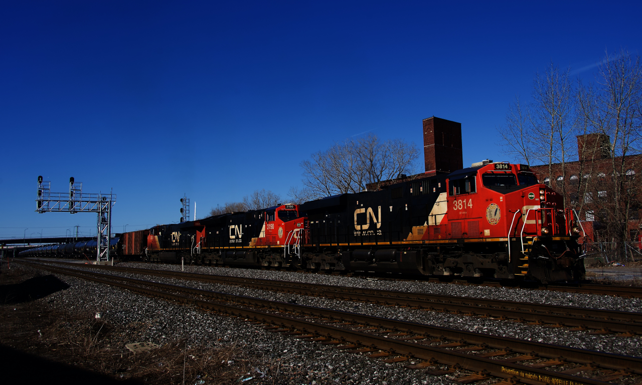 CN 714 with 82 ethanol loads from Iowa for Valero near Quebec City has just departed St-Henri with a new crew and CN 3814, CN 3190 & CN 2326 for power. This train has just started running recently; prior to this the last unit fuel trains CN ran on the Montreal Sub was CN 704 and CN 710 (which stopped running eight years ago).