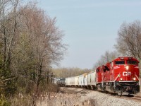 CP 238 heads down the Hamilton subdivision  on Sunday afternoon with CP SD70ACU 7001 leading.