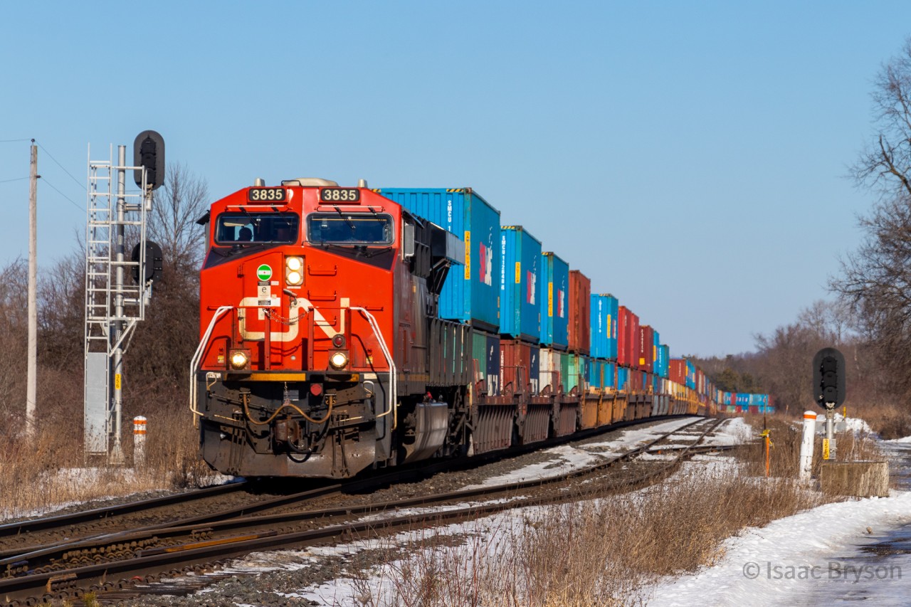 CN 180 knocks down a clear signal at Pine Orchard south as they approach the final stretch of their long trip from Prince Rupert BC to Brampton ON. The solo Gevo up front, along with another on the tail is basically the standard for 2023 railroading but on a sunny day in February, I'm willing to shoot almost anything.