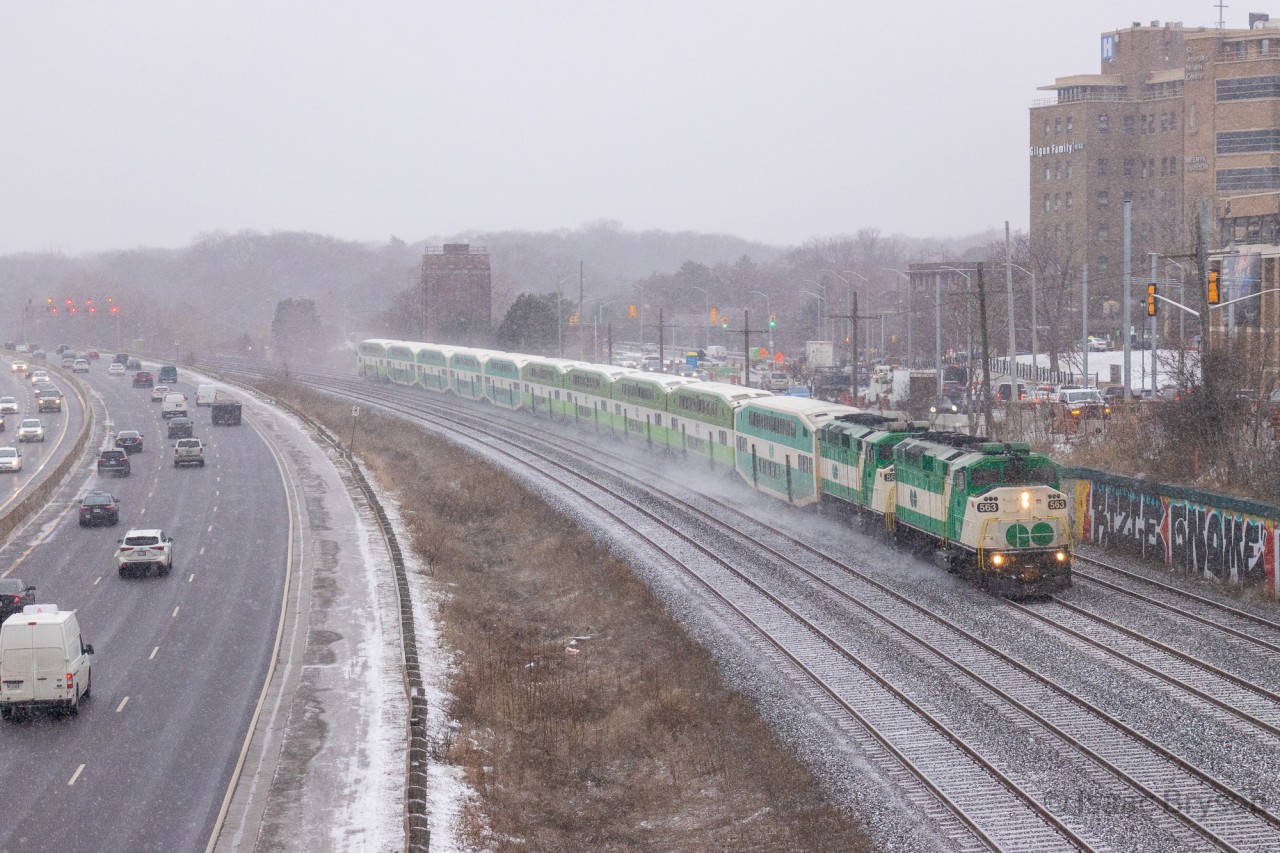 Sister F59phs GO 563 and GO 562 handle the late February snowstorm with ease as they race towards Union Station, hauling 10 coaches bound for London. This is the 3rd season I've shot the London GO train in, the last one needed is spring.