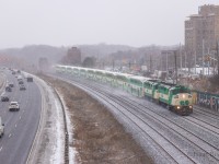 Sister F59phs GO 563 and GO 562 handle the late February snowstorm with ease as they race towards Union Station, hauling 10 coaches bound for London. This is the 3rd season I've shot the London GO train in, the last one needed is spring.
