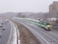 Sister F59phs GO 563 and GO 562 handle the late February snowstorm with ease as they race towards Union Station, hauling 10 coaches bound for London. This is the 3rd season I've shot the London GO train in, the last one needed is spring.
