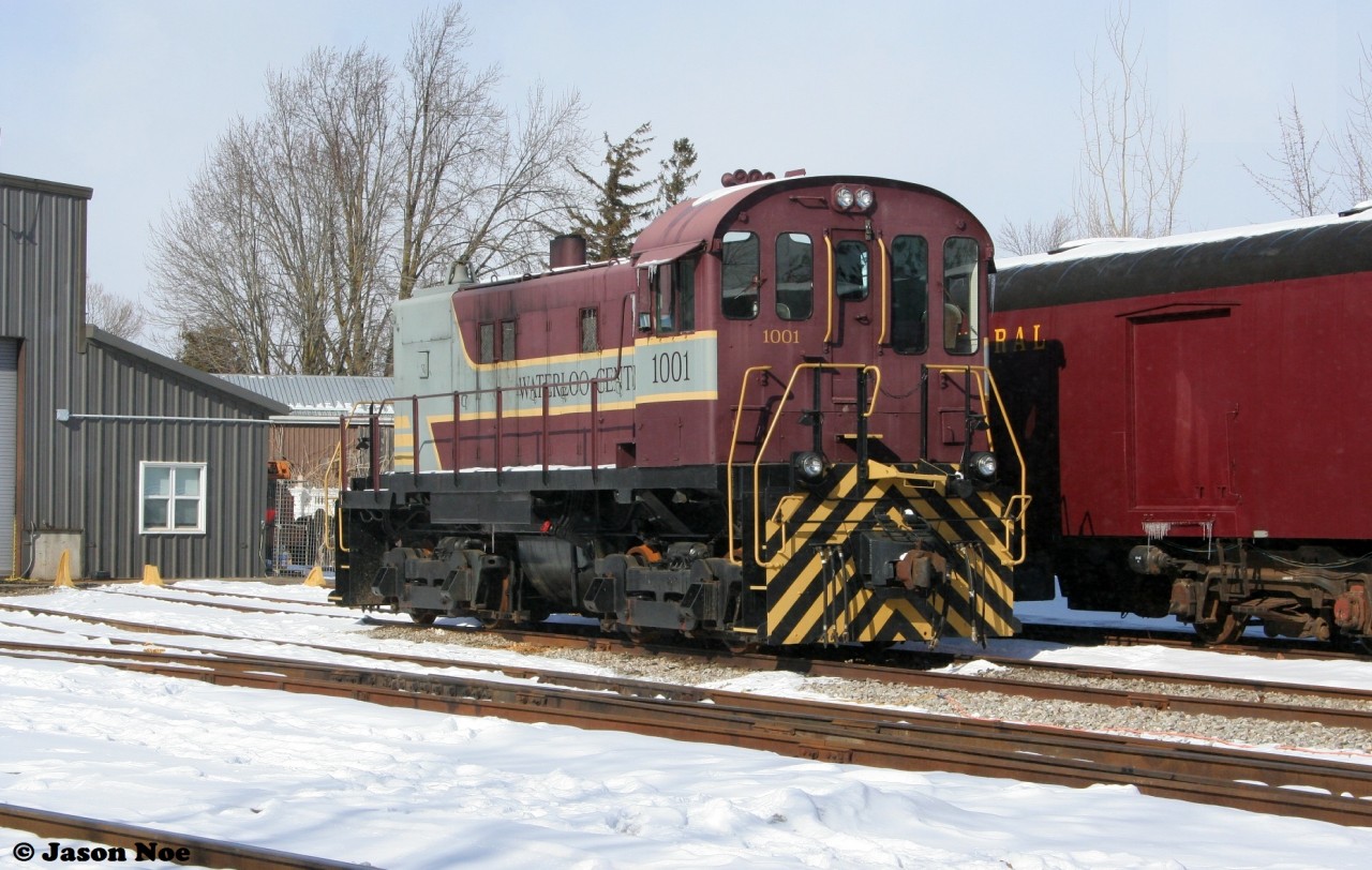 Waterloo Central Railway (WCR) S13 1001 is viewed outside the tourist hauler’s shop facility in St. Jacob's, Ontario during a winter afternoon.