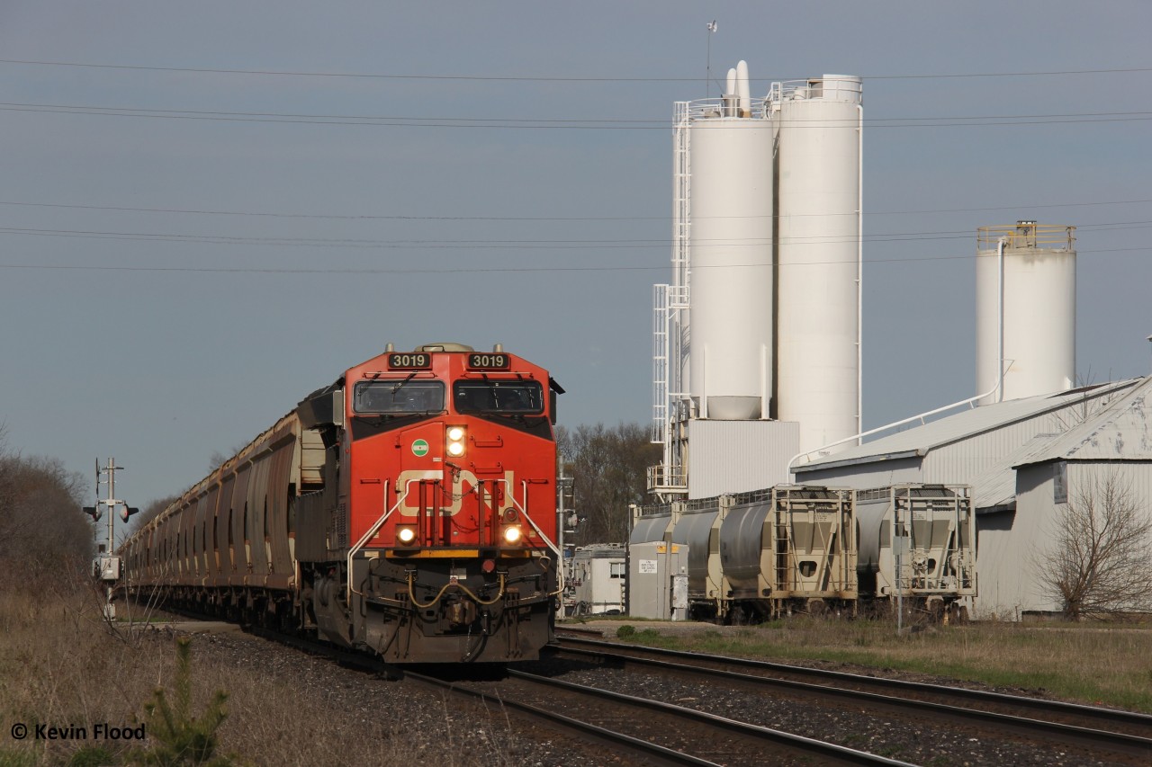 CN B731 is pictured westbound at Princeton, ON with CN 3019 and CN 3244 as a rear DPU. May 6, 2023.