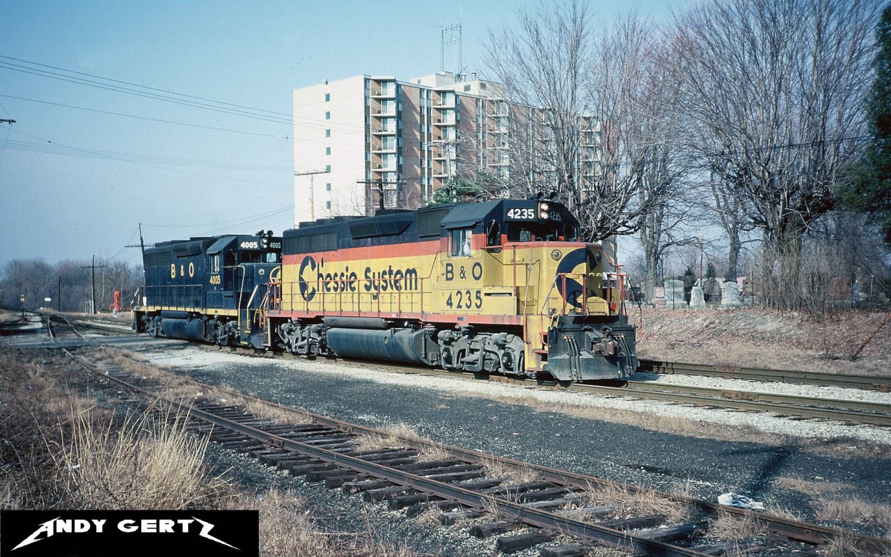 B&O GP40-2 4235 and GP40 4005 are in St. Thomas, Ontario near the Chessie yard during a sunny day in March 1983.