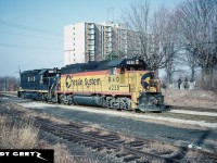 B&O GP40-2 4235 and GP40 4005 are in St. Thomas, Ontario near the Chessie yard during a sunny day in March 1983. 