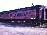 Home away from home. <br>
CN 63083 is a BK&D car (bunk, kitchen, diner) assigned to the G.L.R. (Great Lakes Region) Engineering Dept. in Ontario. <br>
It is ex-CN 5071, a Class PB-73-B, 73 foot 6 inch First Class Coach. It was removed from revenue service and converted to a BKD in August of 1963.