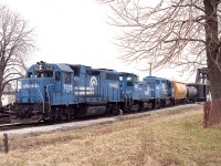 Quite often the same group of locomotive models (GP 38s and SW 1500s) were seen on the daily transfer from Buffalo to Fort Erie and return, but the pool must have consisted of perhaps a dozen units so at least the combination of locos remained interesting. On this early spring day Conrail 7935, 9572 and 7936 provide the power. Traffic is dropped and then, with 7936 as leader; traffic for the USA would be picked up. This all was usually completed within the hour.