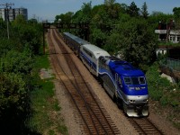 Test train EXO E172 has three new bilevel cars built by CRRC in tow as it prepares to take the North Jct Lead to reach the Westmount Sub.
