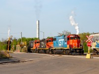 0700 Yard running around their train on the former Stelco Rod Mill trackage, preparing to switch out Parkland Fuels.