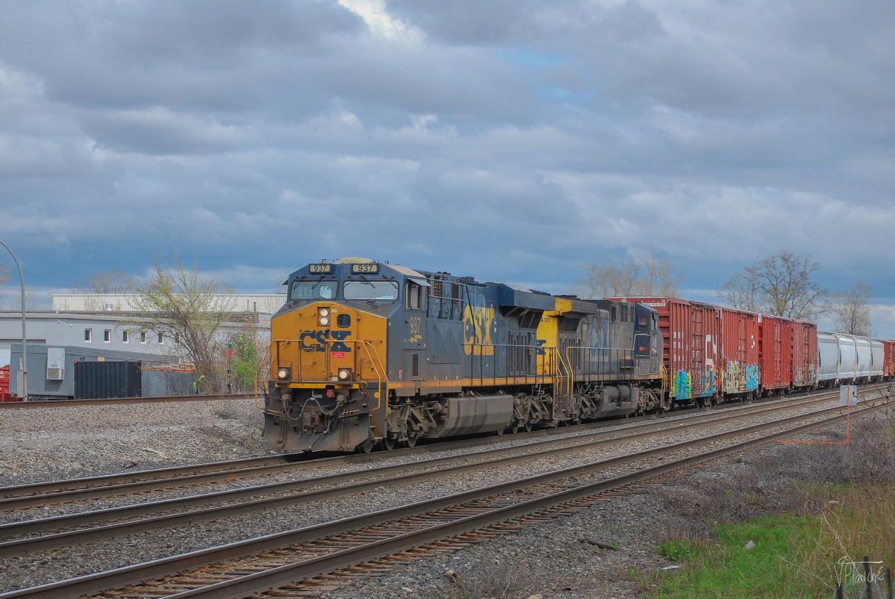 On May 4, 2023, CN 327 (Taschereau - Massena) is seen driving through the ramps at Dorval at Mile 11 of the CN Montreal Subdivison.