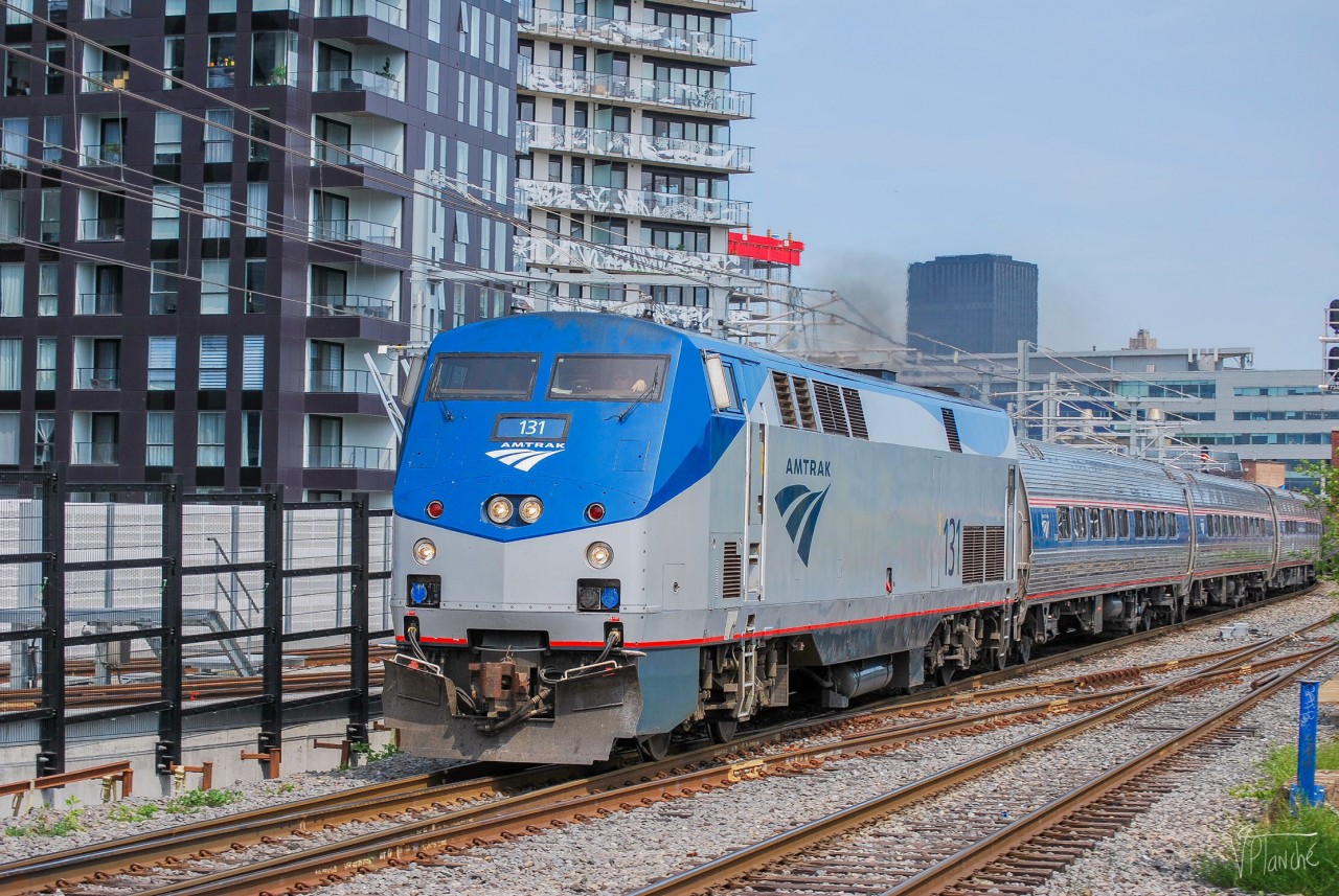 On May 19, 2023, Amtrak GE P42DC was leading train 68 to Penn Station in New York, passing through Griffintown at Mile 73 of CN's Saint-Hyacinthe Subdivision