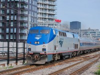 On May 19, 2023, Amtrak GE P42DC was leading train 68 to Penn Station in New York, passing through Griffintown at Mile 73 of CN's Saint-Hyacinthe Subdivision