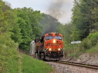 Well we got a very nice surprise today being CPKC 238 had a power swap. Not that having CP 7001 being a leader was bad but having a BNSF leader with a Union Pacific trailing mad it much better. Here, BNSF 7399 with UP 5711 power their way out of Guelph Junction passing the Campbellville sign on the approach to the 3rd line. The Union Pacific provides a nice smoke show to boot.
