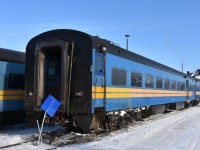 One of the two ex-VIA/exx-CN passenger cars on KRC's #291 The Pukatawagan Mixed on March 16, 2023, was KRC 5649 (ex-VIA 5649, exx-CN 5649) Class PB-79-A, 79 foot First Class car. It was built by CC&F in 1954, and converted to it's current baggage/coach configuration in 1998. <br>
Prior to being placed behind the locomotives for today's departure, KRC 5649 sits at the south end of The Pas station plugged in to wayside power and coupled to baggage car KRC 9631 .