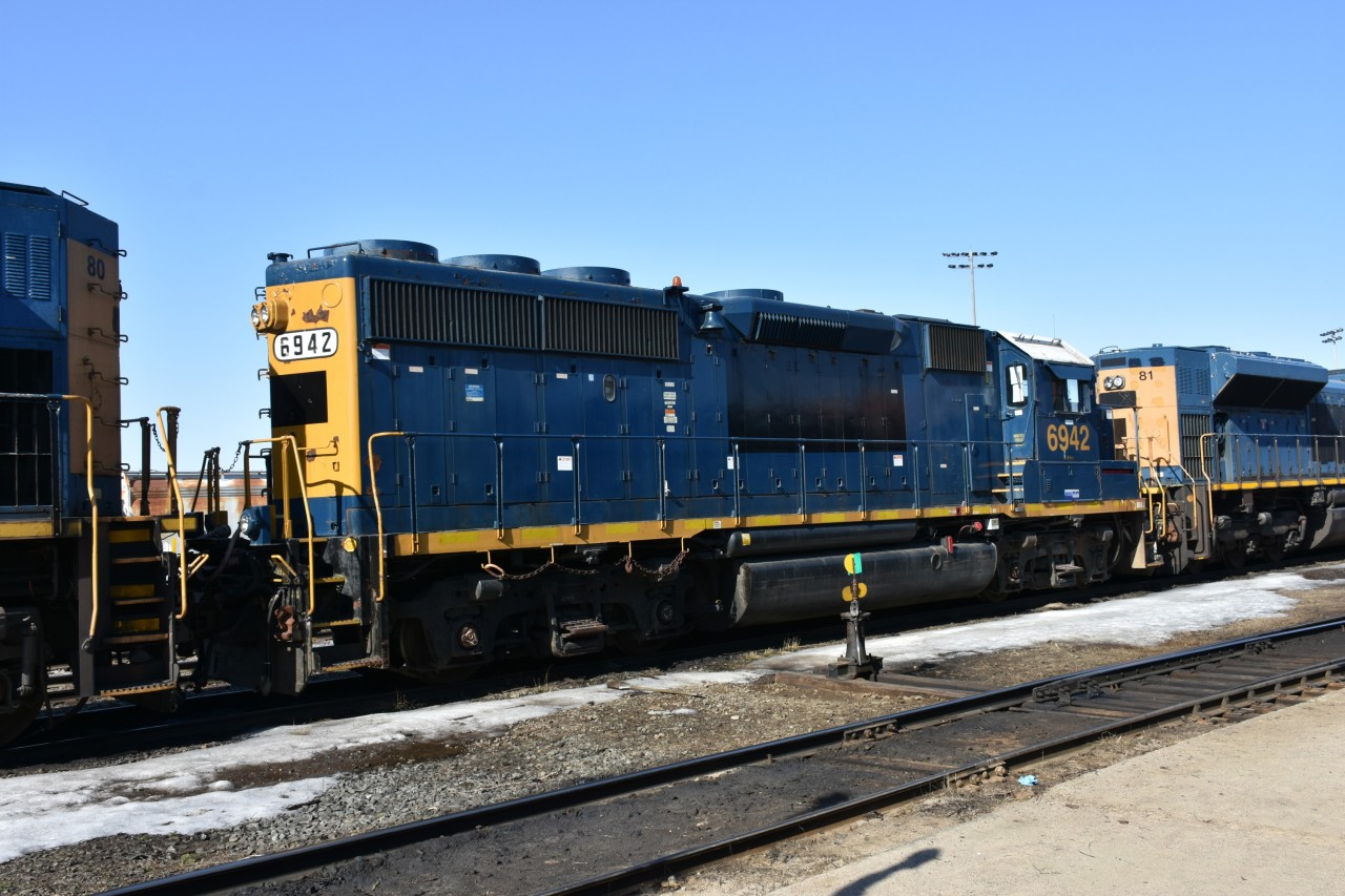 Stenciled as NBSR 6942, this ex-CSX GP40-2 sits in line with other foreign power outside the diesel shop in the ONR yard in North Bay, ON April 13, 2023.