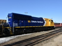 'Repair & Leasing' <br>
'Power To Keep You Moving' <br>
Fresh out of the shop from repair and repaint, ONT 2120 soaks up the morning sun on a beautiful mid-April 2023 morning in the ONR yard at North Bay, ON. <br>
This is the first time I have seen that slogan stenciled at the trailing end of the long hood.