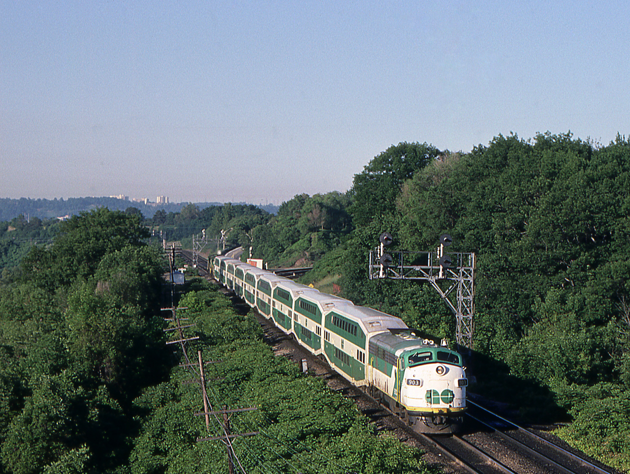 GO 903 is leading an eastbound at Bayview Junction, Ontario on June 17, 1980.