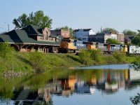 The 'crack of dawn' train for North Bay, usually out of Englehart before 0600, is seen here in the early morning sun rolling past the historic Cobalt station. Power is ONR 2104, 2101 and 2105.The Ontario Northland finally moved into the "big time" with the acquisition of six new SD75I locomotives in 1999. Currently five of them are still active, with first delivered 2100 lost in a derailment back on 2011..
The Cobalt station looks to have been renovated, and is currently listed for sale. Talk about a railfanners headquarters !!!