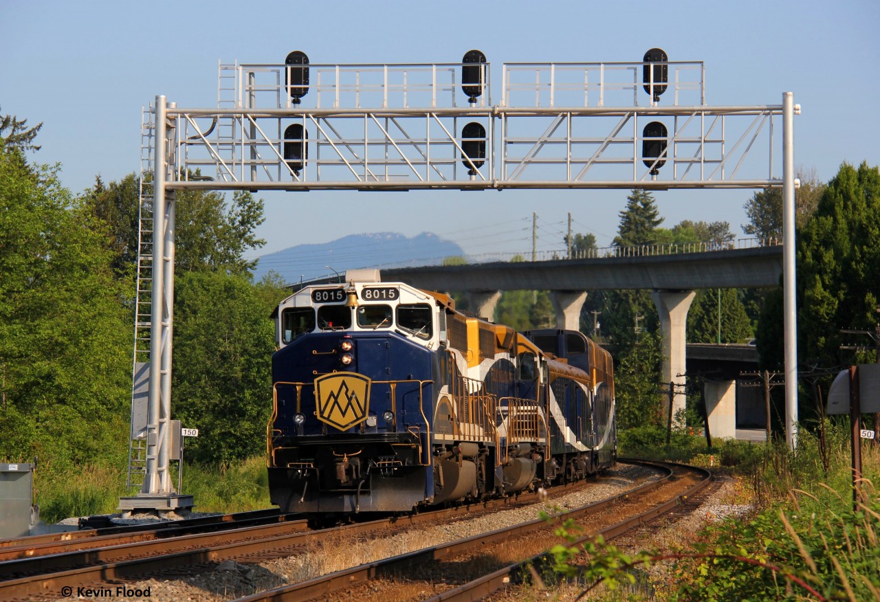 Wide-cab RMPX 8015 is in charge of the eastbound Rocky Mountaineer to Banff. This was the unit I was hoping would lead because I love that brass bell. This train left Vancouver station at 08:00 and is pictured on the move, ducking under the Sperling signal bridge in Burnaby, BC. There was also a coyote which came really close to me just before I took this shot. Not the first time I had a brush with a coyote while railfanning :)
