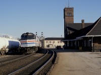 Amtrak number 81, the International Limited, is seen westward at Brantford station on a cold but sunny January morning.
The gathering by the station are waiting for VIA #71, due about 15 minutes later at 1008 hrs.