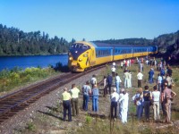 Along the shores of Lower Redwater Lake, a four-day UCRS excursion utilizing ONR's TEE equipment from Toronto - Moosonee and return is seen during a photo runpast about 15 miles south of Temagami.  Further information can be found on <a href=http://www.railpictures.ca/?attachment_id=37669>Reuben S. Brouse's photo HERE.</a><br><br><i>Geotagged location not exact.</i>