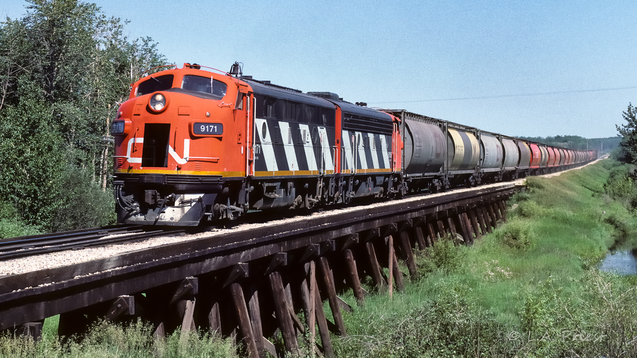 Grain extra returning to Edmonton with a small train of hoppers at 11:30. Cab 79836 on the rear, tooth missing at the front. :^)