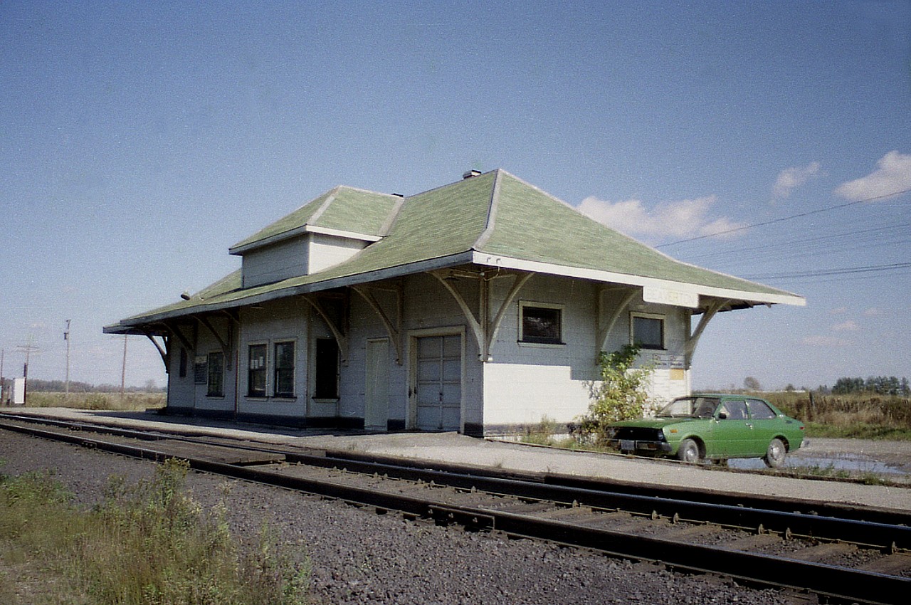 Here is an image of an old station largely ignored by the railfan community. Perhaps because it has been gone for a number of years.  The Beaverton station was constructed around 1906 by the Canadian Northern. The railroad was taken over in 1918 by the Canadian National Railway. This station contained an ticket/operators room, a passenger waiting room, as well as freight and express.  Passenger traffic dwindled early along after Hwy 12 was built thru the east part of town. I haven't a record of when the station was demolished, but understand it was in the early 1990s. The building stood at mile 64.2 Bala Sub.
