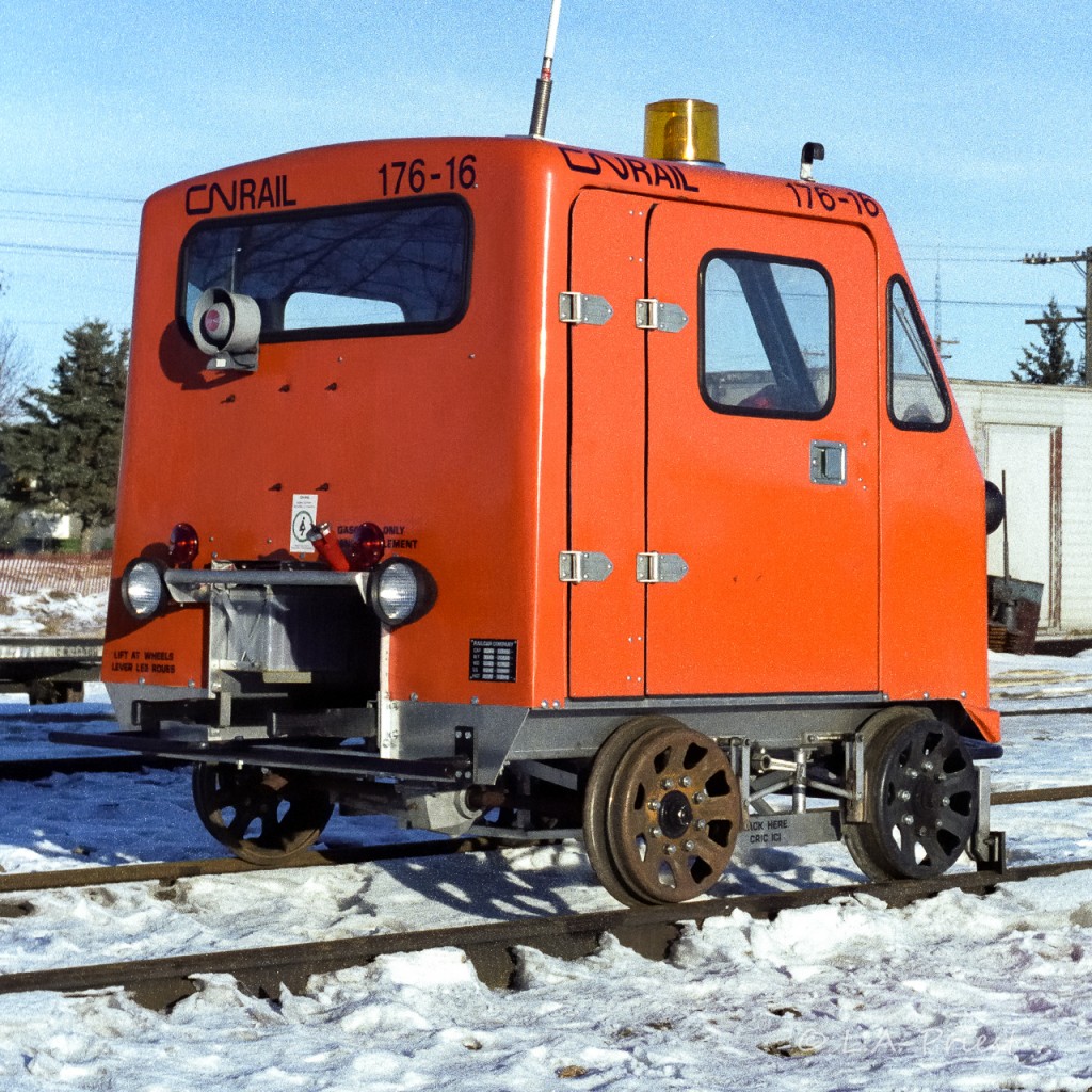 Roster shot of CN Rail Car 176-16. This photo shows clearly the "cutting wheel" used in wintertime, as mentioned by Paul O'shell in a past comment column. You can also plainly see the handbrake has been applied by the brake pads pressed up against the wheels. For those who did not have a scanner back then, that speaker on the back of the speeder was a great source as to what and when things may be about to happen.