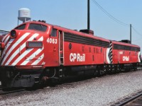 A beautiful pair of CP F units, 4063 and 4435, wait their next assignment at Agincourt Yard, Toronto, Ontario on May 21, 1977.