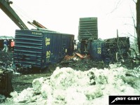 CP crews work to clear the derailment of CP train 916 that happened between Galt station on the Galt Subdivision and the curves before the westbound Orrs Lake mile sign during winter 1986. The photo was taken with permission from the homeowner whose property backed onto the line. 
<br>
Thank you to RonaldB for the information on the CP derailment from my previous post. 