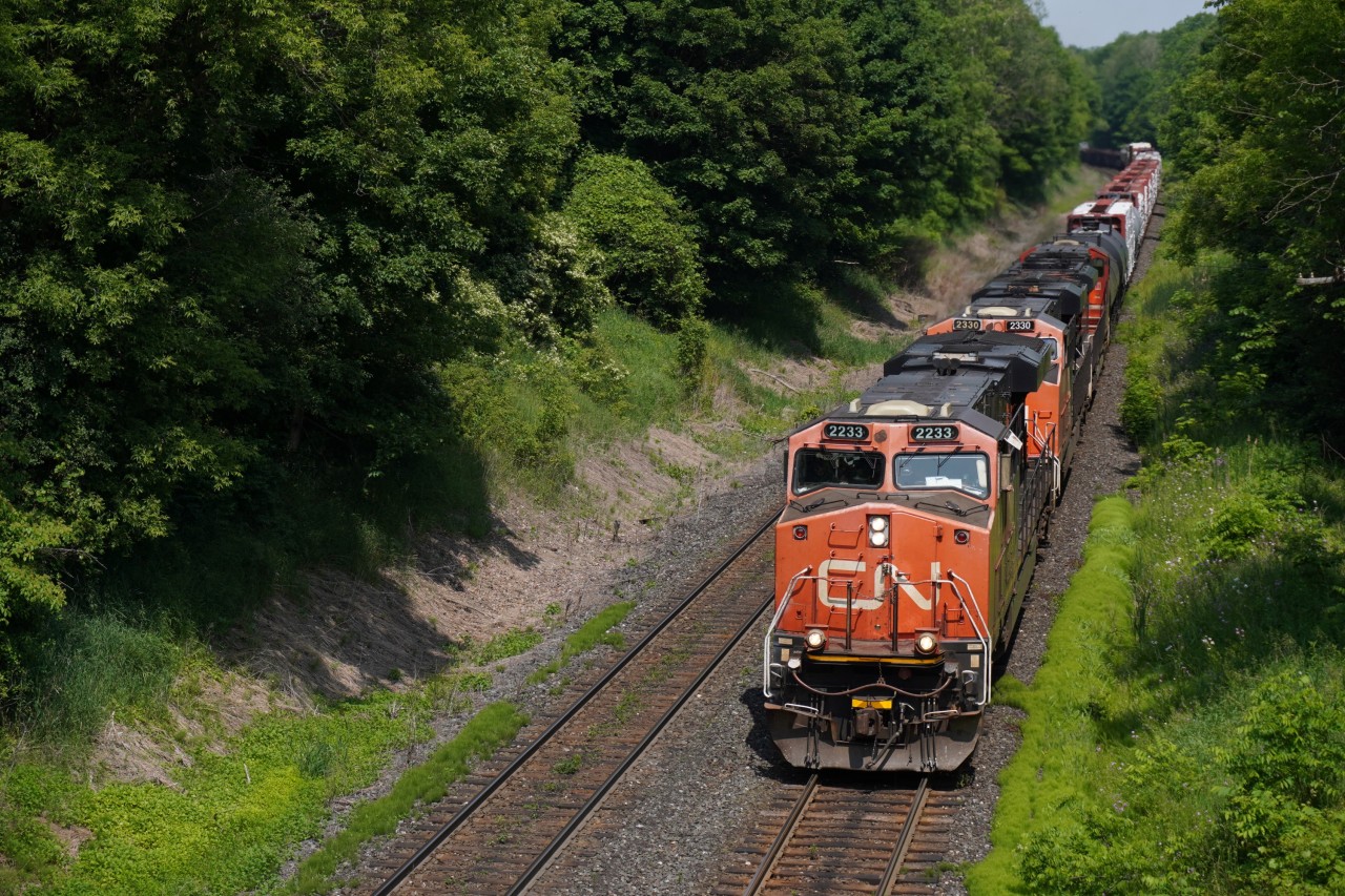 CN 2233 leads M397 as it climbs up the hill before meeting U714 at Copetown West.