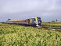 VIA Rail's new Siemens equipment crosses the rich farmland of Perth County during a summer test run.