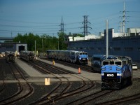EXO 1209 is leaving EXO Pointe-Saint-Charles Maintenance Centre, on its way to Central Station for the evening rush hour. At far left are two consists for the Mont St-Hilaire line and further to the right is EXO 1345 with a single Bombardier bilevel, followed by CRRC bilevels.