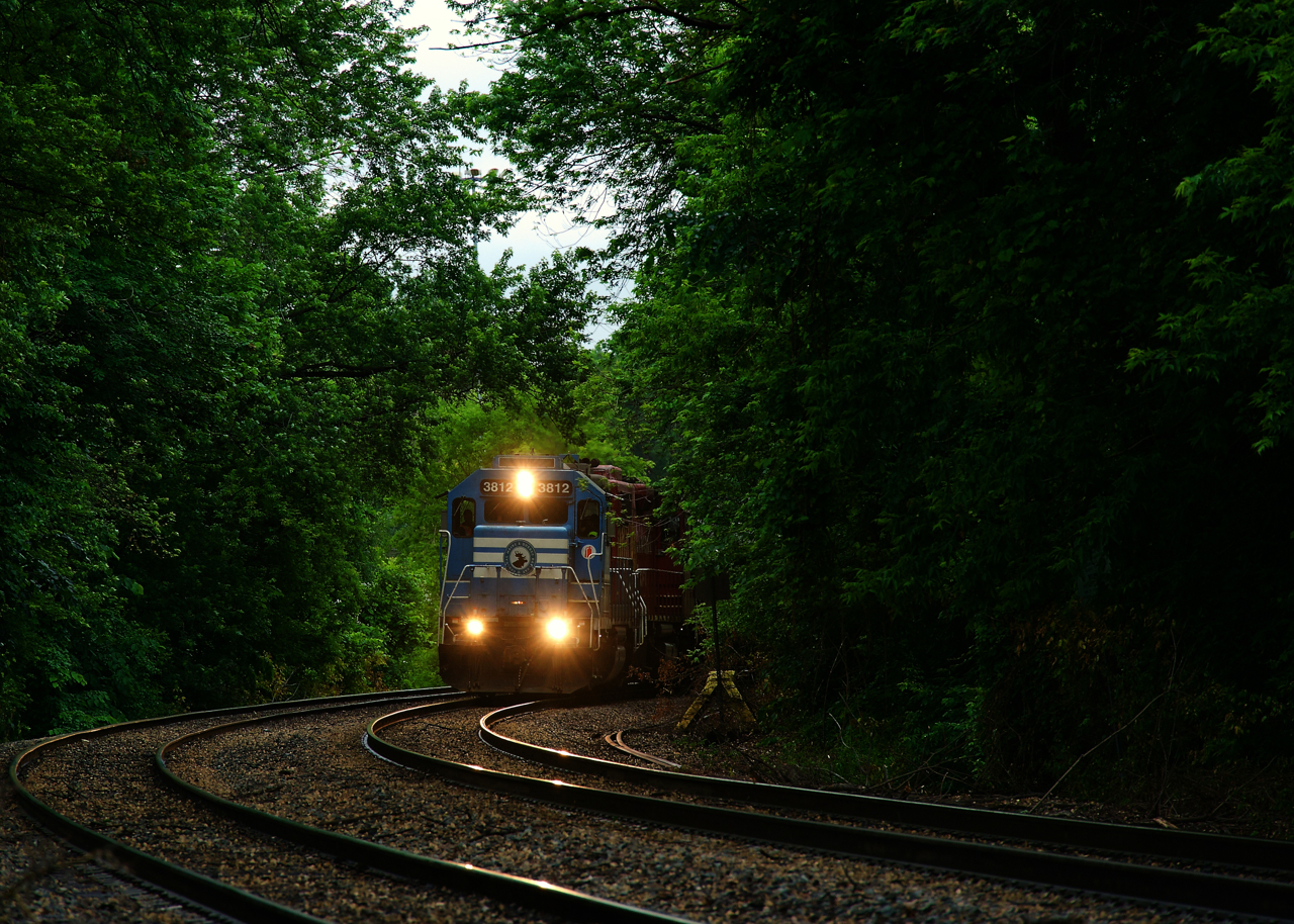 CPKC G95 is rounding a curve in the midst of the Meadowbrook golf course as it takes the St-Luc Branch to reach nearby St-Luc Yard.