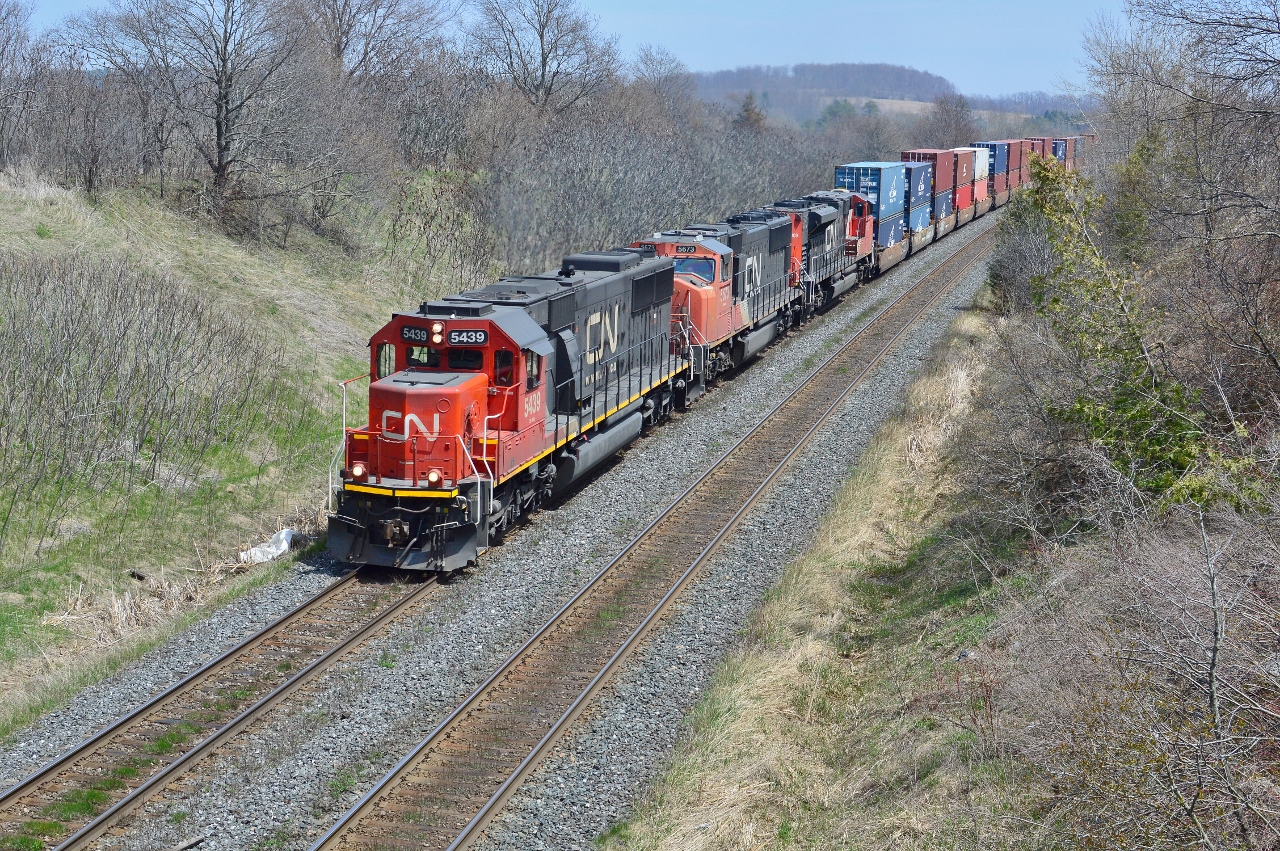 A General Motors  trio working the Northumberland Hills. 


CN 5439 is the second unit to wear that number, an EMD 1986 built SD60 acquired 2012, the former GMTX 9092 (OWY 9092, EMD owned the loco's and leased to Oakway Leasing) along with 89 sisters from GMTX / EMTX: GATX Rail Locomotive Group, LLC


[ the first 5439 was GMD 1987 built SD50F, CN owned 60 built 1985 – 1987, all retired 2007 – 2008 ] 


Second unit is CN 5673 a GMD 1999 built SD75I, and the third is CN 8909 an EMCC 2010 built SD70M-2.


Near CN Newtonville, May 8, 2014 digital by S.Danko