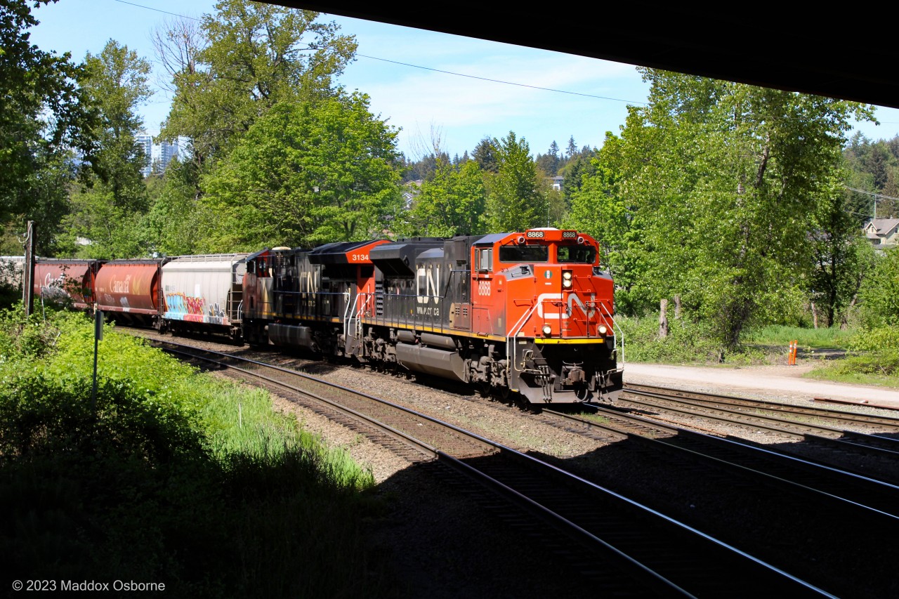 CN SD70M-2 8868 leads CN 834 passed Braid Junction in New Westminster, BC.