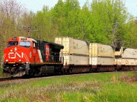 The peace and quite of an early spring morning in cottage country is shattered by a monster intermodal as it passes through Washago, Ontario heading south to Toronto. Although early may, the leaves are showing that fresh spring green. 