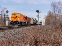 CP 231 descends into the Don Valley after departing Agincourt yard a few miles east of here with nearly 10,000ft of manifest for London and points beyond. The leader is CP 8757, the locomotive painted in orange to represent Orange Shirt Day in Canada. CP 8894 trails. Every Child Matters, every day of the year. 