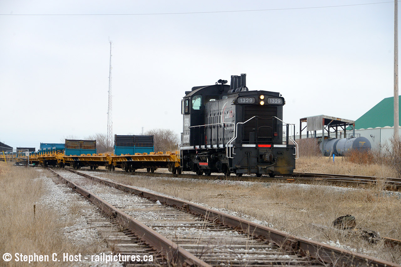 Cando's CCGX 1329 pictured switching Magna's Formet Industries and entering the CN Cayuga Spur in St. Thomas in March 2022.