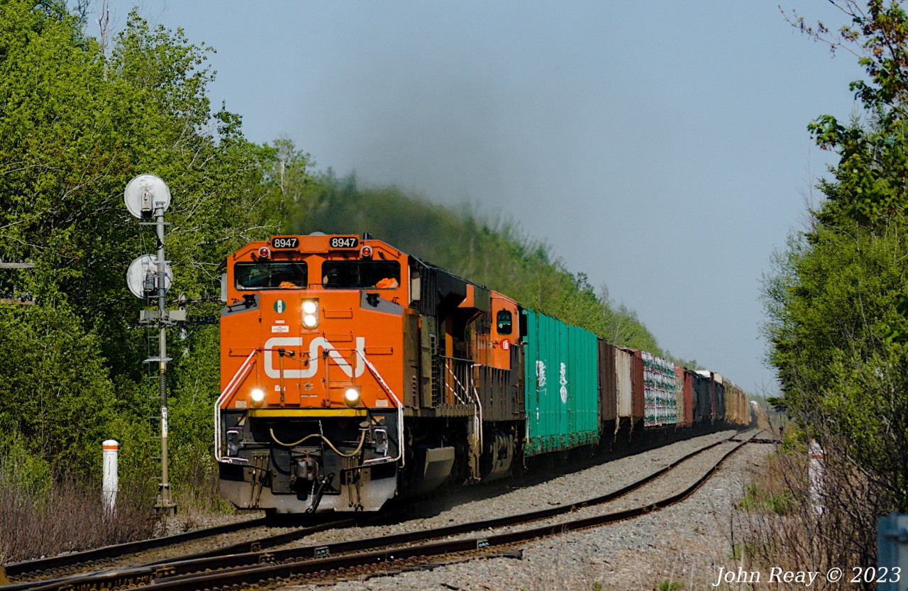 Seen here is the head-end of CN L507 on May 31st 2023, at Painsec Junction on the Springhill sub with CN 8947 and CN 2336 and 280 axles. This was part of a day out with Halifax area railfan Geoff Doane where we chased L507 from East Mines trestle west of Truro NS to the west end of Painsec Junction just a few kms short of Moncton NB.