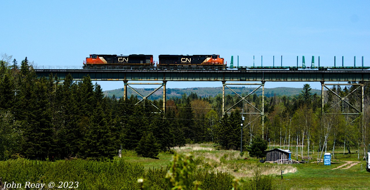 Seen here is the head-end of CN L507 on May 31st 2023, at East Mines trestle on the Springhill sub with CN 8947 and CN 2336 and 280 axles. This was part of a day out with Halifax area railfan Geoff Doane where we chased L507 from East Mines trestle west of Truro NS to the west end of Painsec Junction just a few kms short of Moncton NB.