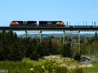 Seen here is the head-end of CN L507 on May 31st 2023, at East Mines trestle on the Springhill sub with CN 8947 and CN 2336 and 280 axles. This was part of a day out with Halifax area railfan Geoff Doane where we chased L507 from East Mines trestle west of Truro NS to the west end of Painsec Junction just a few kms short of Moncton NB.