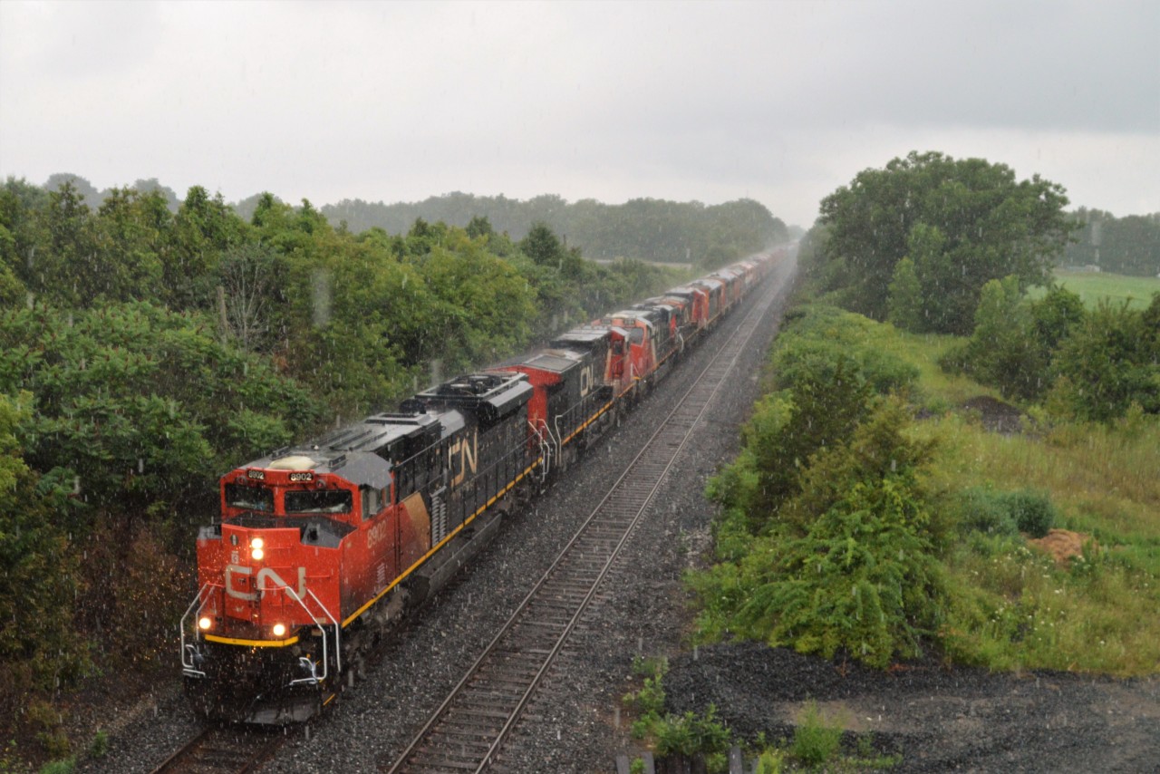 Watching this train rolling along I said to myself there is a lot more rains than brains standing out here getting drenched. But, as CN 421 approached with this "funeral train"; I could see the monsoon  coming, just ahead of the train. I'm standing on 9th Louth bridge, (mile 15, Grimsby sub) in Lincoln; and despite the downpour this train was quite the show. 
I stand to be corrected but it appeared to be: CN 8902, 2679 and 2306 the power, and 18 DIT units trailing: 2180, 2444, 2434, 2431, 4620, 2432, 2036, 2402, 4619, 2037, 2005, 2038, 2003, 2008, 2424, 4623, 2019 and that blue x_IC 2462.
Got out on the QEW to head for Niagara Falls but now the rain was so heavy traffic was reduced to a crawl because no one could see squat. Fortunately the train halted at Glenridge for AMTK to go around it, and I was able to shoot again at Mewburn Rd bridge; again, heavy rain....but over at Lundys Lane the rain was so bad it was impossible........camera would not fire anyway.
So, a fun day, all things considered. Hope this image at least gets appreciated. A drowned rat shot it.

I understand these units will be scrapped at Atlas Steel, Welland.
(Traveling Lady Rail Fan did a good video......on you tube!)