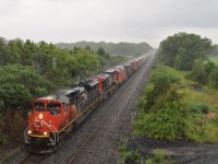 Watching this train rolling along I said to myself there is a lot more rains than brains standing out here getting drenched. But, as CN 421 approached with this "funeral train"; I could see the monsoon  coming, just ahead of the train. I'm standing on 9th Louth bridge, (mile 15, Grimsby sub) in Lincoln; and despite the downpour this train was quite the show. 
I stand to be corrected but it appeared to be: CN 8902, 2679 and 2306 the power, and 18 DIT units trailing: 2180, 2444, 2434, 2431, 4620, 2432, 2036, 2402, 4619, 2037, 2005, 2038, 2003, 2008, 2424, 4623, 2019 and that blue x_IC 2462.
Got out on the QEW to head for Niagara Falls but now the rain was so heavy traffic was reduced to a crawl because no one could see squat. Fortunately the train halted at Glenridge for AMTK to go around it, and I was able to shoot again at Mewburn Rd bridge; again, heavy rain....but over at Lundys Lane the rain was so bad it was impossible........camera would not fire anyway.
So, a fun day, all things considered. Hope this image at least gets appreciated. A drowned rat shot it.

I understand these units will be scrapped at Atlas Steel, Welland.
(Traveling Lady Rail Fan did a good video......on you tube!)