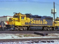 Leased ATSF GP39-2s 3604 and 3609 sit outside CP's Agincourt Diesel shop, coupled with ATSF 3600 further out of frame to the right.  Another ATSF unit on lease can be seen in the background just beyond CP 4736.  A view of some ATSF units in service, taken by Arnold Mooney <a href=http://www.railpictures.ca/?attachment_id=15000>near Parry Sound</a> can be seen here.<br><br><i>This image is part of a set of negatives - both colour and black & white - given to me by Steve Bratina, who had acquired them from a Toronto area train show in the early 2000's.  The seller was "getting out of the hobby" and several rolls of negatives, mainly rosters from the late 1980s at Agincourt, were tossed into the sale.  The seller was also a modeller. If anyone has any ideas who the photographer may have been, please comment below.</i><br><br><i>Original Photographer Unknown, Jacob Patterson Collection Negative.</i>