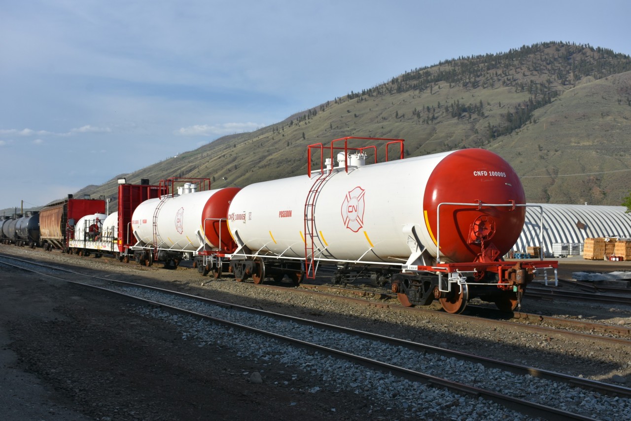 Prior to the start of forest fires in BC this year, one of CN's Poseidon fire fighting consists sits on stand-by in the yard at Kamloops, BC. Let's hope this equipment doesn't have to see too much action!