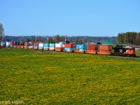  During the last week of April, we took the Canadian from Toronto to Vancouver. During the two days we had in BC we travelled to Mission BC and Matsqui Prairie, during our tour of the unfamiliar area we caught CN X118 Vancouver Thorton - Chicago Intermodal. Consisting of CN 3099 ET44AC and CN 8001 SD70M-2 (Not Pictured) and 143 platforms.