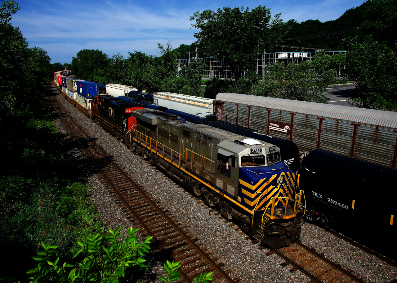 An ex-CREX unit (CN 2789, formerly CREX 1414) leads a 598-axle CN 120, with CN 2917 trailing and CN 3844 mid-train.